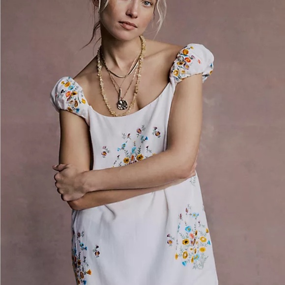 White Mini Babydoll Dress with Puff Sleeves for Casual Wear - Picture 1 of 5